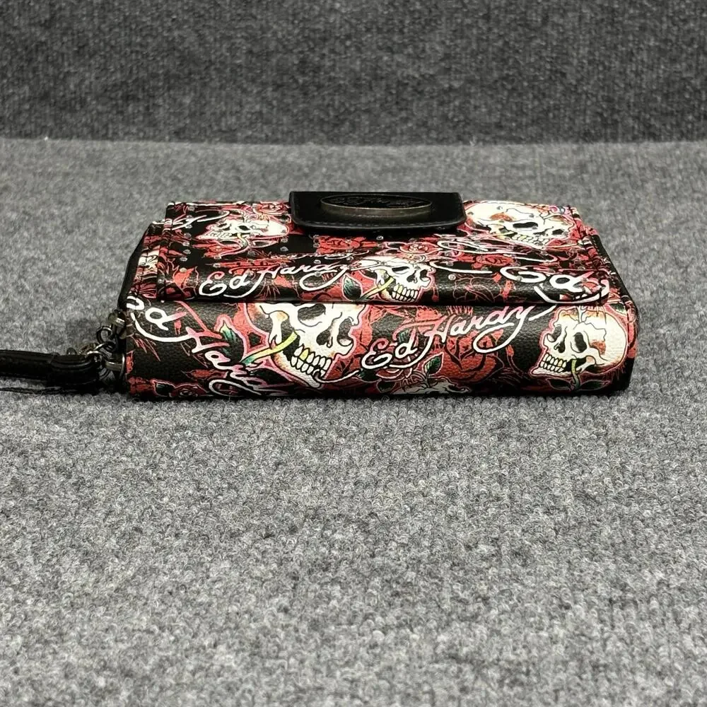 Ed Hardy Wallet Wristlet Womens One Size Black Skull Rose Tattoo Zip Around
